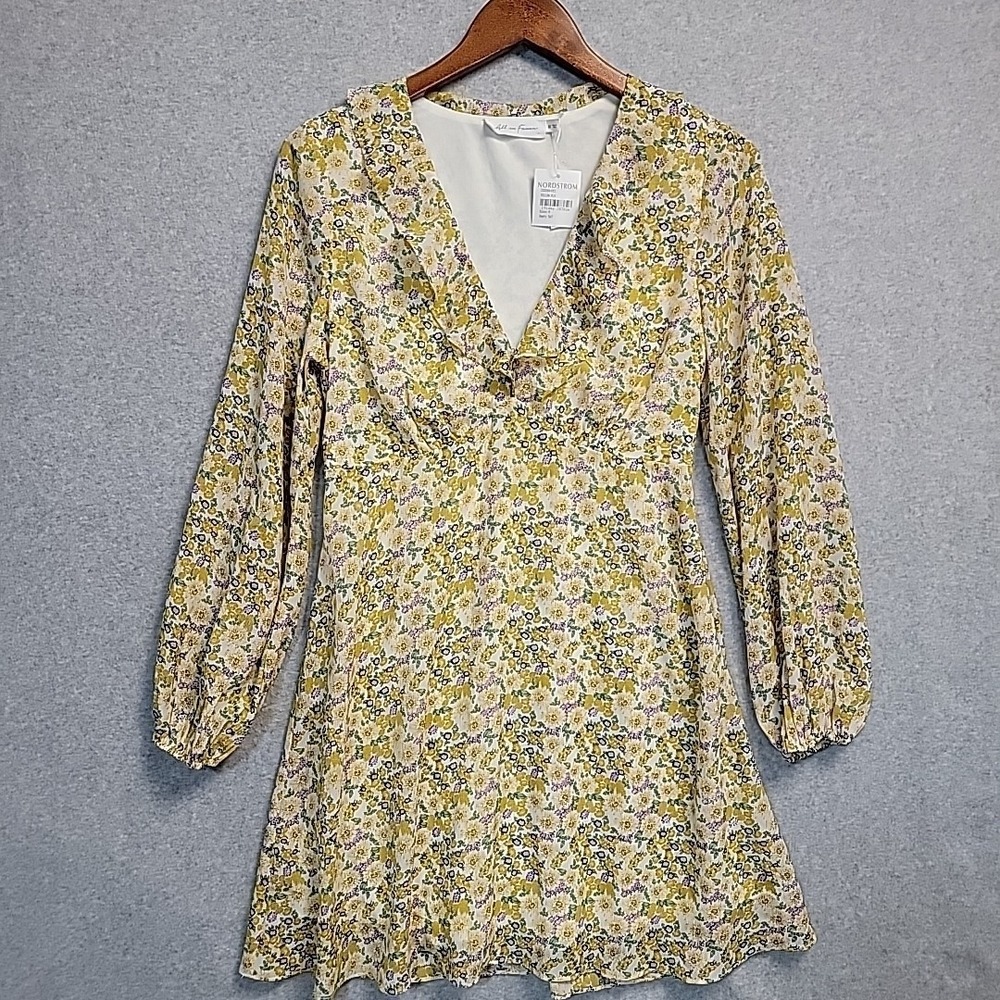 NEW ALL IN FAVOR Yellow Floral Long Sleeve Chiffon Mini Dress Ruffle Women's‎ M